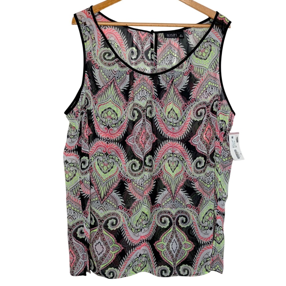 a.n.a Tank Top 2X Black Pink Lime‎ Paisley Scallop Sheer Chiffon Boho Sleeveless